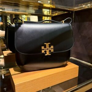 Tory Burch Black Slim Saddle Crossbody Bag with Gold Logo